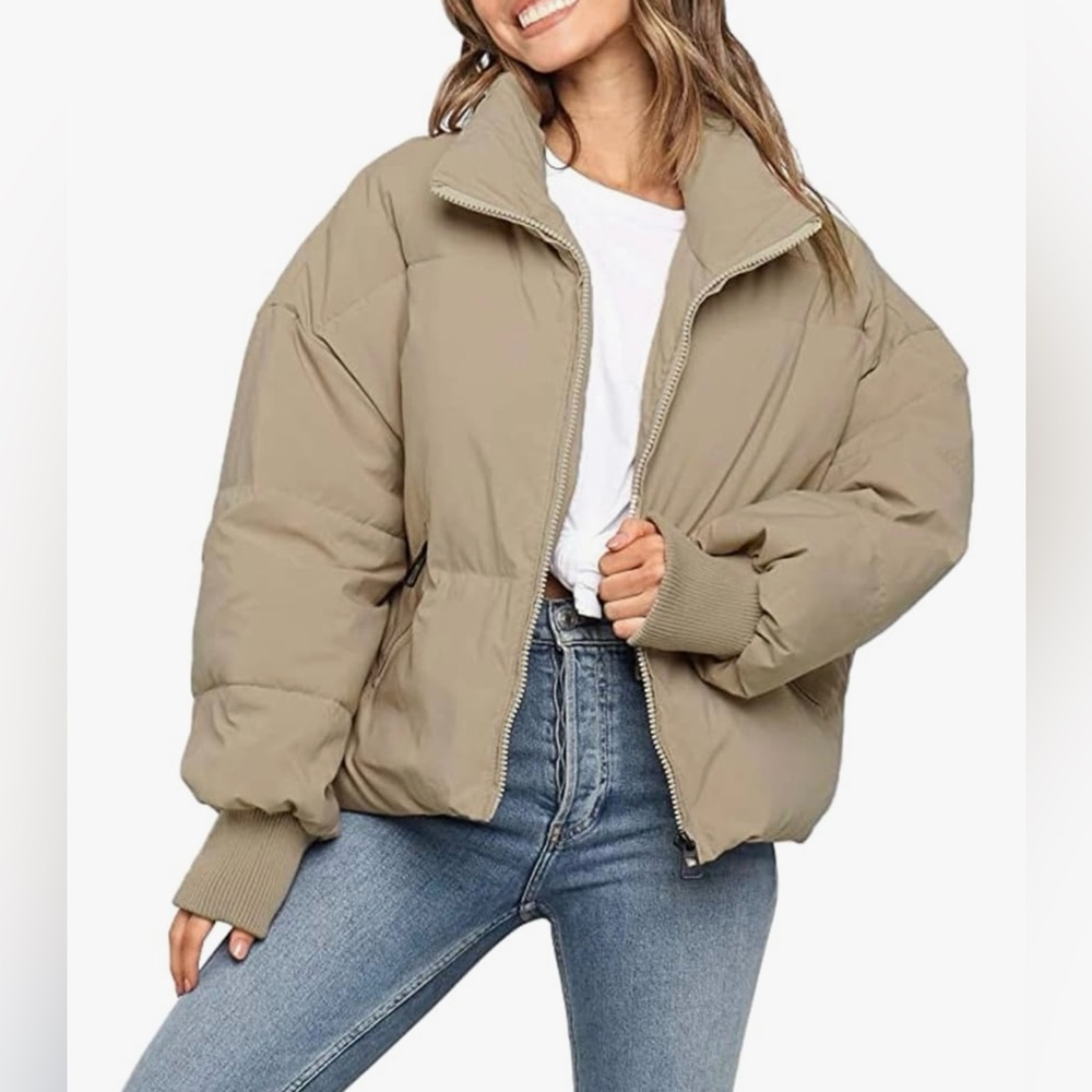 Women's Winter Stand Collar Zip Puffer Jacket, Khaki, Large